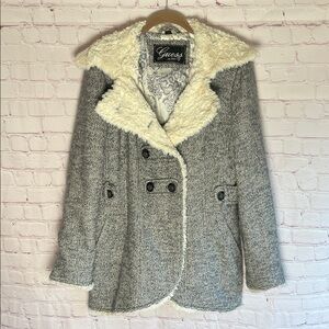 Guess Women's Gray and‎ Cream Wool Blend Double Breasted Pea Cot Size XL